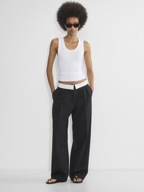 Babaton Bureau Black Wide-Leg Pants with White Contrast Waist